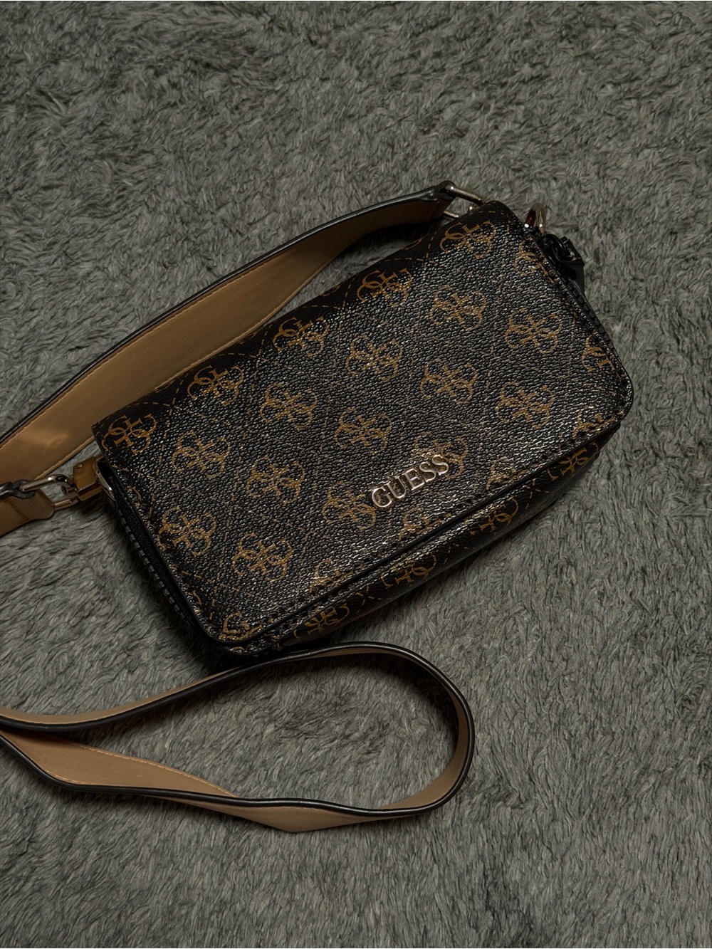 GUESS Brown Logo Pattern Crossbody Clutch